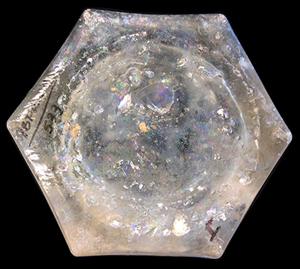 Colorless soda lime glass tumbler, panelled, six sided base. Vessel height: 3 7/8”; Rim diameter: 3 3/8”; Base diameter: 2 5/8”; Lots 529, 532, 533. Tumbler type J. 18FR134